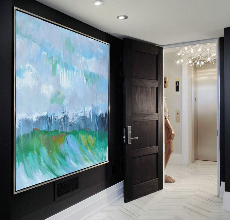 Large Abstract Art Handmade Painting,Oversized Abstract Landscape Oil Painting,Hand Painted Acrylic Painting,Gray,Green,Dark Blue.etc